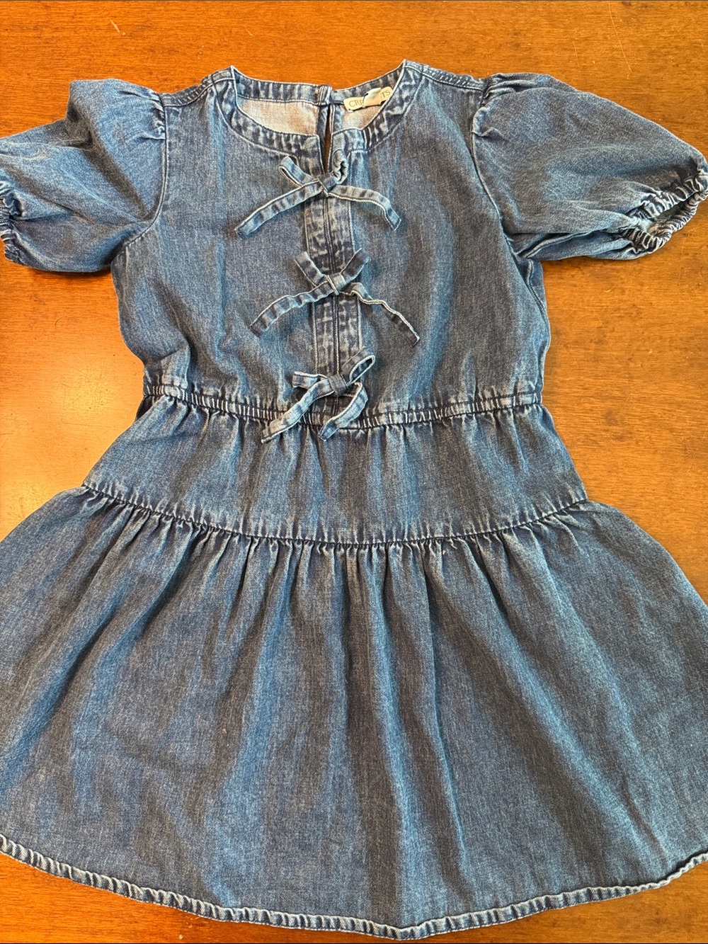 Crewcuts Light Blue Denim Tie-Front Puff Sleeve Dress
